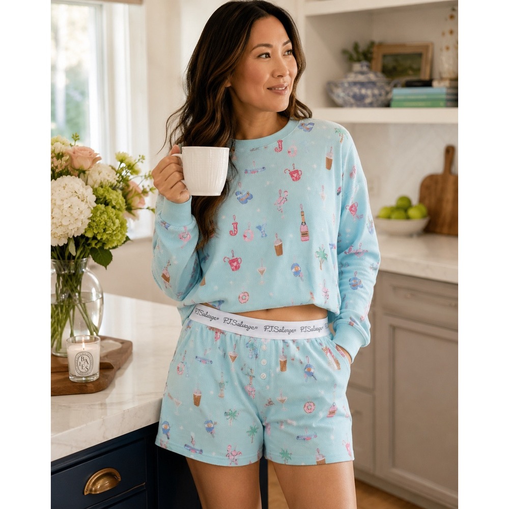 PJ Salvage Pajama Set XL Blue Cocktail Drinks Waffle Thermal Top Shorts Lounge